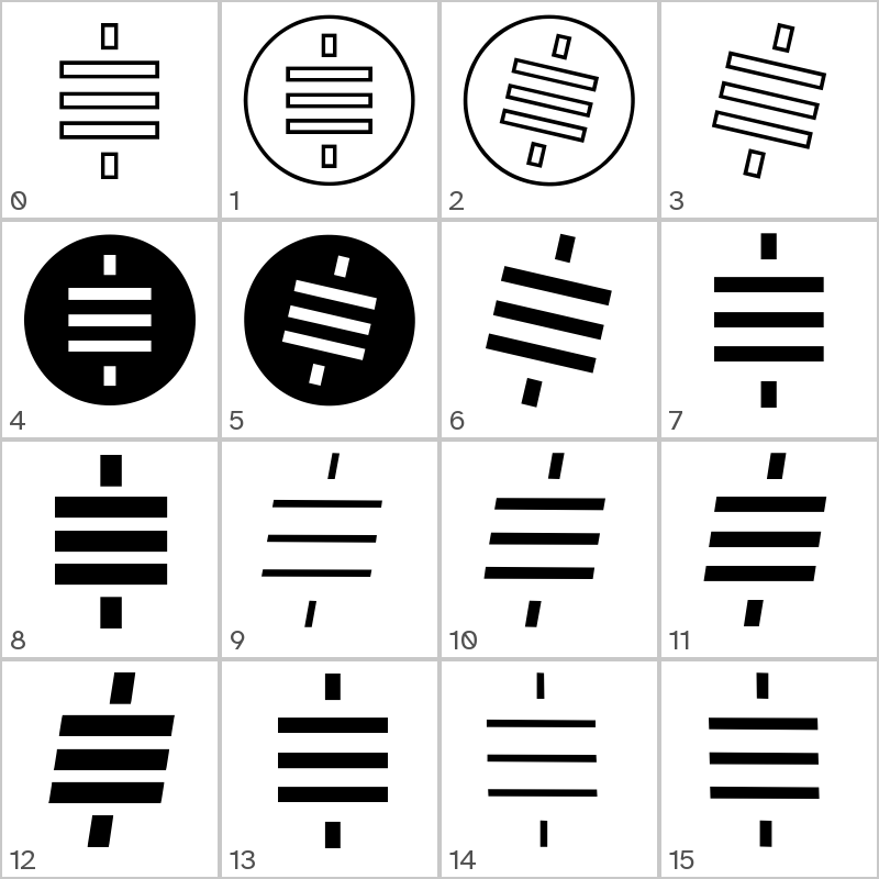 All 16 sats-symbol variants in a 4×4 contact sheet