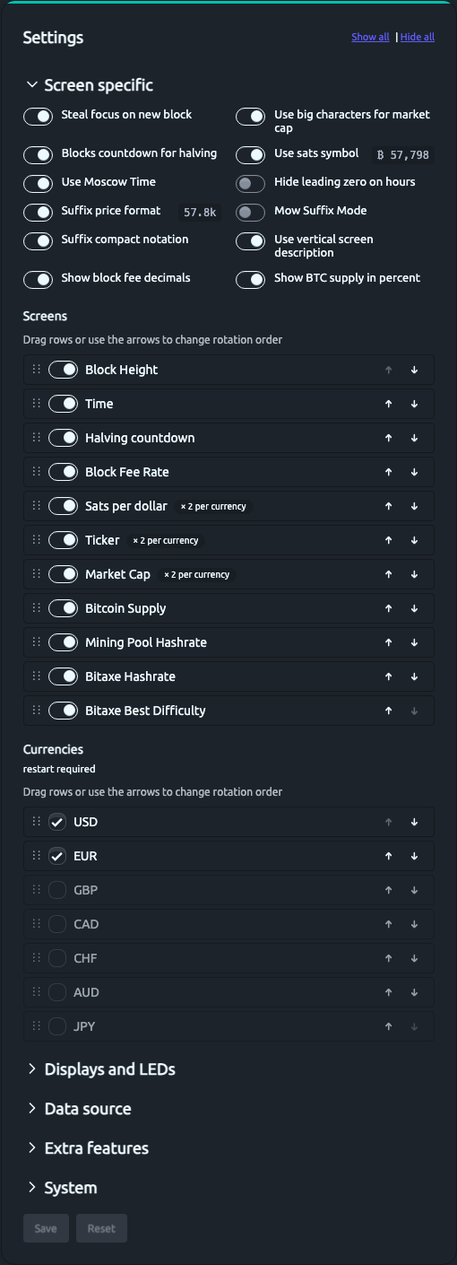 Settings card — top section showing screen-specific toggles